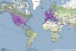 As indicated by the purple, the Eurasian collared-dove's range is now throughout Europe and North America. The bird is native to the Indian subcontinent. (image/Cornell Lab of Ornithology)