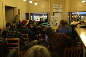 About forty people turned out for a meeting organized by the Sitka Conservation Society to discuss HB77, a controversial permitting bill before the Alaska legislature. (KCAW photo/Rachel Waldholz)