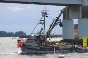 A seiner crosses beneath O'Connell Bridge during a day off in the 2014 Sitka Sound sac roe herring fishery (KCAW photo/Rachel Waldholz)