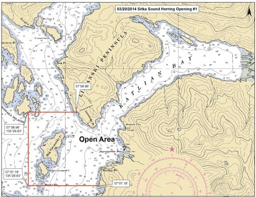The Alaska Department of Fish & Game released this map, showing the boundaries of Thurday's herring season opener. Sunday's second opening will be within the same boundaries. Fishing was restricted to Starrigavan and Katlian bays, north of Sitka. (Map courtesy ADF&G)