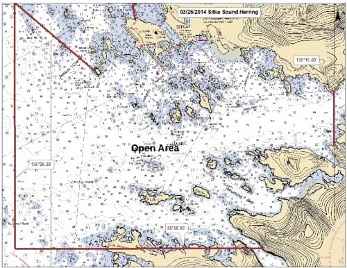 The Alaska Department of Fish & Game released this map, showing where fishing is allowed in today's herring opening. (Map courtesy of ADF&G)