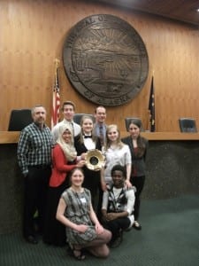 The Sitka High Mock Trial team stands in the Alaska Supreme Court Chambers in Anchorage. (SHS Photo)