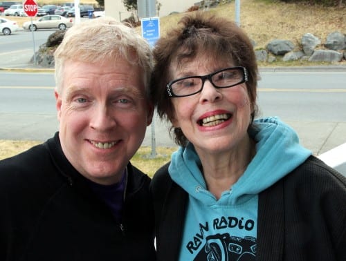 Next-door-neighbors for 27 years: KCAW News Director Robert Woolsey and Pauline Fredrickson. (KCAW photo/Rachel Waldholz)