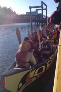 Paddlers in the three canoes come from Kake, Wrangell, and Ketchikan. They'll meet up with canoes from around Southeast on the route to Juneau. (Photo courtesy of Dawn Jackson)