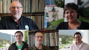 The candidates for Sitka Assembly are (clockwise from top left) Thor Christianson, Lillian Feldpausch, Tristan Guevin, Steven Eiseinbeisz, and Aaron Wamsley.