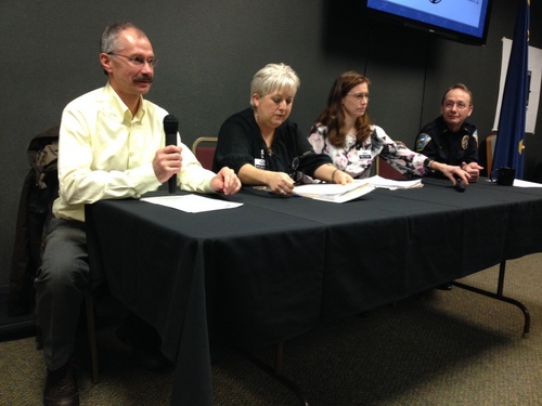 Chamber marijuana panel (l to r) Scott Brylinski, Robin Koutchak, Robyn Taylor, Sheldon Schmitt. Other than practical business matters, the Chamber audience was interested in making sure that legalization did not increase the use of marijuana by kids. (KCAW photo/Robert Woolsey)
