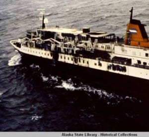 The liner was sailing through the Gulf of Alaska, approximately 120 miles south of Yakutat, Alaska, at midnight on October 4, 1980, when a fire broke out in the engine room. After all passengers and crew were rescued, the vessel sank a week later. (Photo courtesy of the Alaska State Library)
