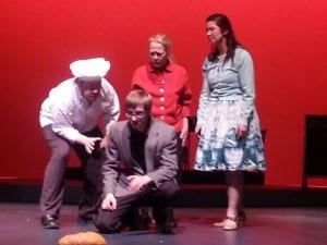 Ed Ronco, Ryan Apathy, Annabel Lund and Sotera Perez rehearse "Philip Glass Buys a Loaf of Bread." (Photo by Karren Upcraft)