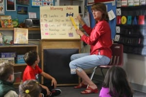 Kindergarten teacher Linda Fredrickson talks to students on Sept. 6, 2012. The union that represents 116 Sitka teachers reached an agreement Tuesday for a new three-year contract. (KCAW photo/Ed Ronco)