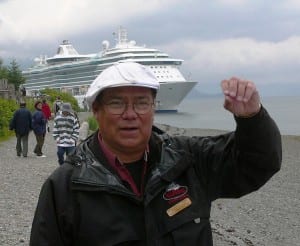 Johan Dybdahl, Icy Strait Point director of special projects, talks about the area's history as a cruise ship is anchored behind him. Huna Totem Corp. owns the attraction.