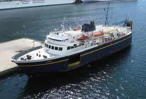 The ferry LeConte docks in Skagway in 2009. The ship is in drydock to repair a broken bow thruster. (J Webber/Creative Commons)