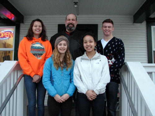 Mt. Edgecumbe wrestlers (l to r) Brittany Woods-Orrison, Deirdre Creed, Coach Mike Kimber, Miranda Johnson, and Jason Young.