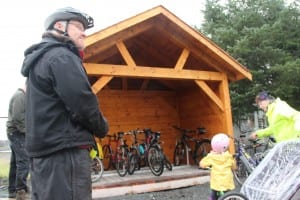 The shelter is built entirely from locally-sourced wood: Sitka spruce for the frame, cedar for the siding and shingles. (KCAW photo/Emily Forman)