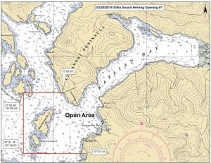 The Alaska Department of Fish & Game released this map, showing the boundaries of Thurday's herring season opener. Fishing was restricted to Starrigavan and Katlian bays, north of Sitka. (Map courtesy ADF&G)