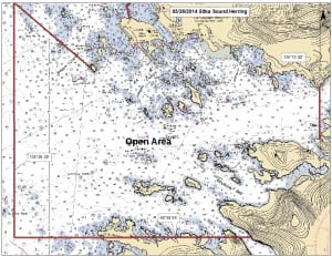 The Alaska Department of Fish & Game released this map, showing where fishing is allowed in today's herring opening. (Map courtesy of ADF&G)