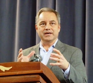 Gov. Sean Parnell talks about Southeast issues during the Southeast Conference's Mid-Session Summit Jan. 12, 2014. He wants the gas line's benefits to be shared with coastal communities. (Ed Schoenfeld/CoastAlaska News)