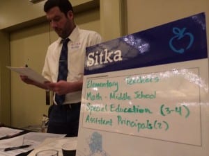 The school board cuts will not affect the overall ratio of teaching staff to students. Blatchley Middle School Principal Ben White went on a recent recruiting trip to the Seattle teaching fair. (KCAW photo/Ed Ronco)