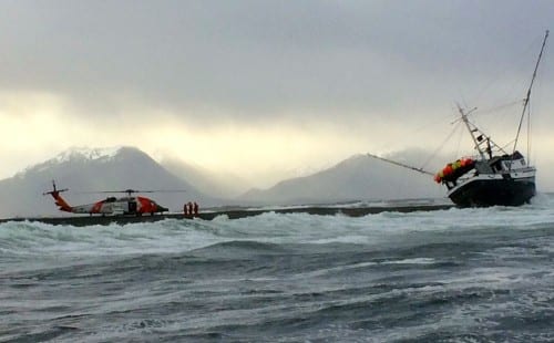 SMR captain Don Kluting describes sea conditions at Low Island Monday morning as "a bit sporty." Crew members left the Mirage on foot, once the tide ebbed. (SMR photo/Don Kluting)