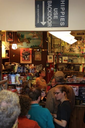 A line stretched out the door of the Backdoor Cafe on June 13, 2014 -- the last Friday before longtime owners Bernadette Rasmussen and Darryl Rehkopf handed over the reins. (KCAW photo / Rachel Waldholz)