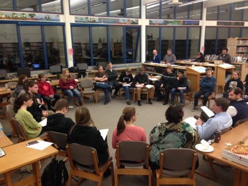 Sitka High student government meets with the school board. In addition to DV and tolerance programs, the council discussed energy efficiency in school buildings, and the high cost of activities. (KCAW photo/Robert Woolsey)