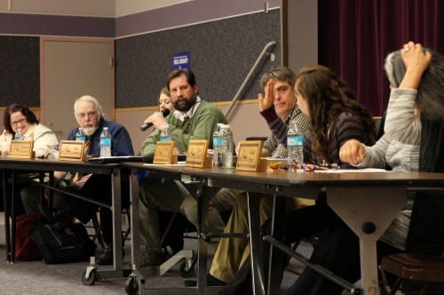 The April 15 meeting was billed as a "final" budget hearing, but the School Board postponed a final vote until after the legislature makes its decisions on education funding. From left: Sitka Schools Superintendent Mary Wegner, and School Board members Tom Conley, Jennifer Robinson, Lon Garrison, Tim Fulton, Kaya Duguay, and Cass Pook. (Rachel Waldholz/KCAW)