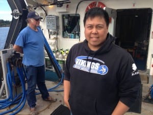 Kestrel captain Lito Skeek, of Petersburg, and his engineer. Skeek says the crew of the Kestrel, which spends the summer supporting commercial fisheries research, supports this eradication effort just as much. (KCAW photo/Robert Woolsey)