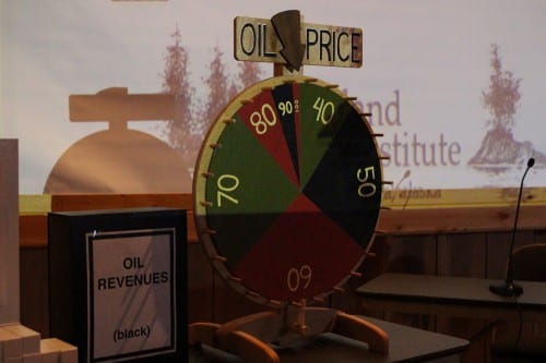 The game was developed by Gunnar Knapp and Ian Laing of Anchorage. In it, the ever fluctuating price of oil is a literal "wheel of fortune." (Emily Kwong/KCAW photo)