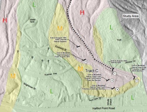 An illustration from the geotechnical study commissioned by Sitka in the aftermath of the August 18, 2015 landslides. Geologist LaPrade confirmed that there are no "no-risk" zones below Harbor Mountain.