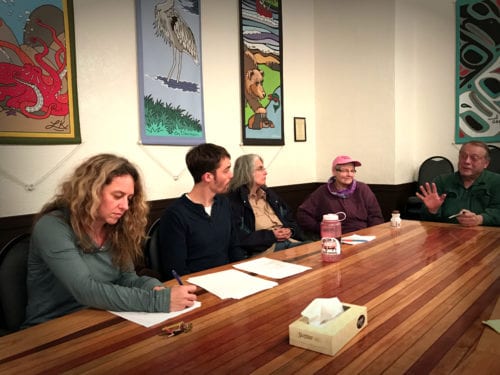 Playwright Zach Desmond (second from left) holds a public first reading of his play for the 150th anniversary of Alaska Day. (Emily Russell/KCAW Photo)
