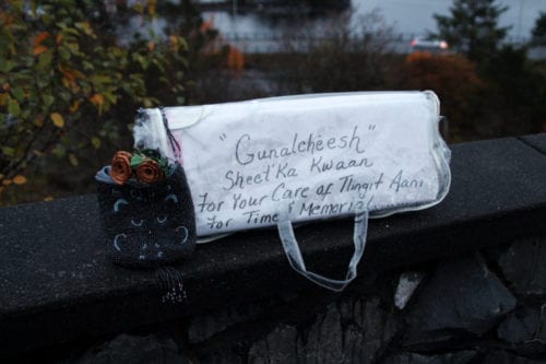 Paulette Moreno's sign from Alaska Day 2016. (KCAW Photo/Emily Russell)