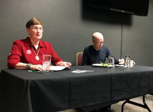 Finkenbinder (l.), a Republican, argued that her position in the majority would give her influence. Kreiss-Tomkins, the Democratic incumbent, suggested that the math this election might put him in the majority. (KCAW photo/Robert Woolsey)