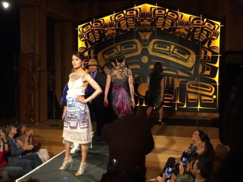 ative fashion is having a major renaissance moment, as designers invent new ways to integrate traditional art with contemporary fashion. At SHI's Native Fashion show, Maka Jinaatlaa Monture and Alyssa London modeled Tlingit body art. Designed by Crystal Worl, the body paint combines Formline, Athabascan floral patterns and contemporary shapes from nature, like leaves and herring eggs. (Emily Kwong/KCAW photo)