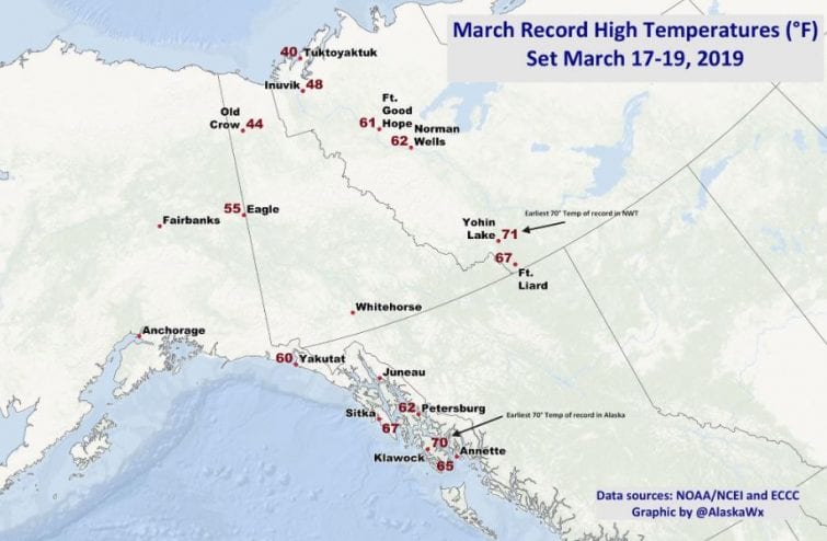 A map of Alaska showing record warm temperatures for March 17-19, 2019